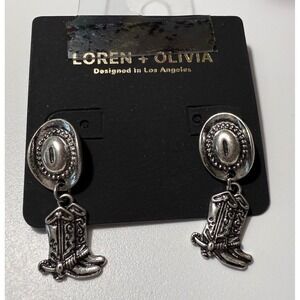 Loren Olivia Western Cowboy‎ Hat Boot Dangle Drop Earrings Silver Tone